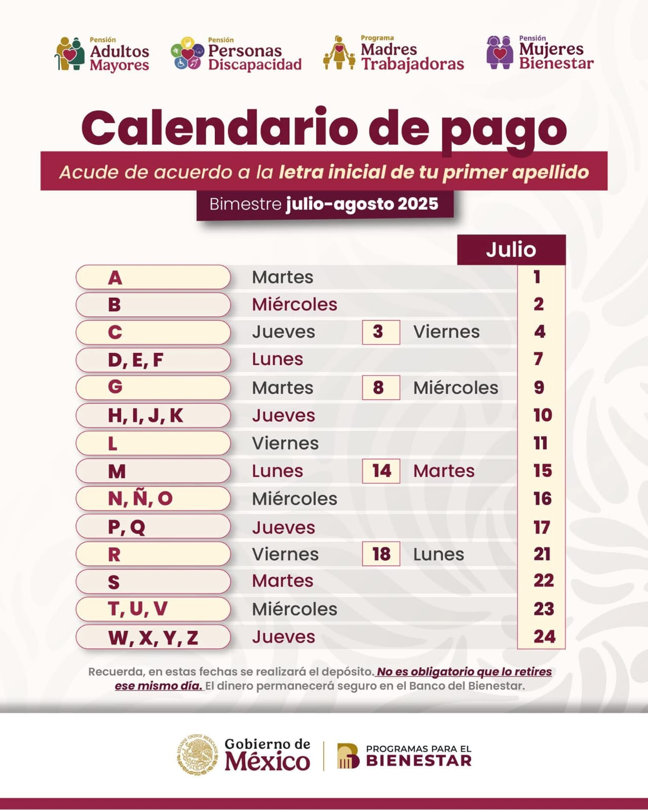 Calendario de Pagos Bienestar Julio-Agosto 2025